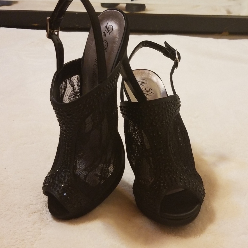 Brand New In Box - black lace and rhinestone heels